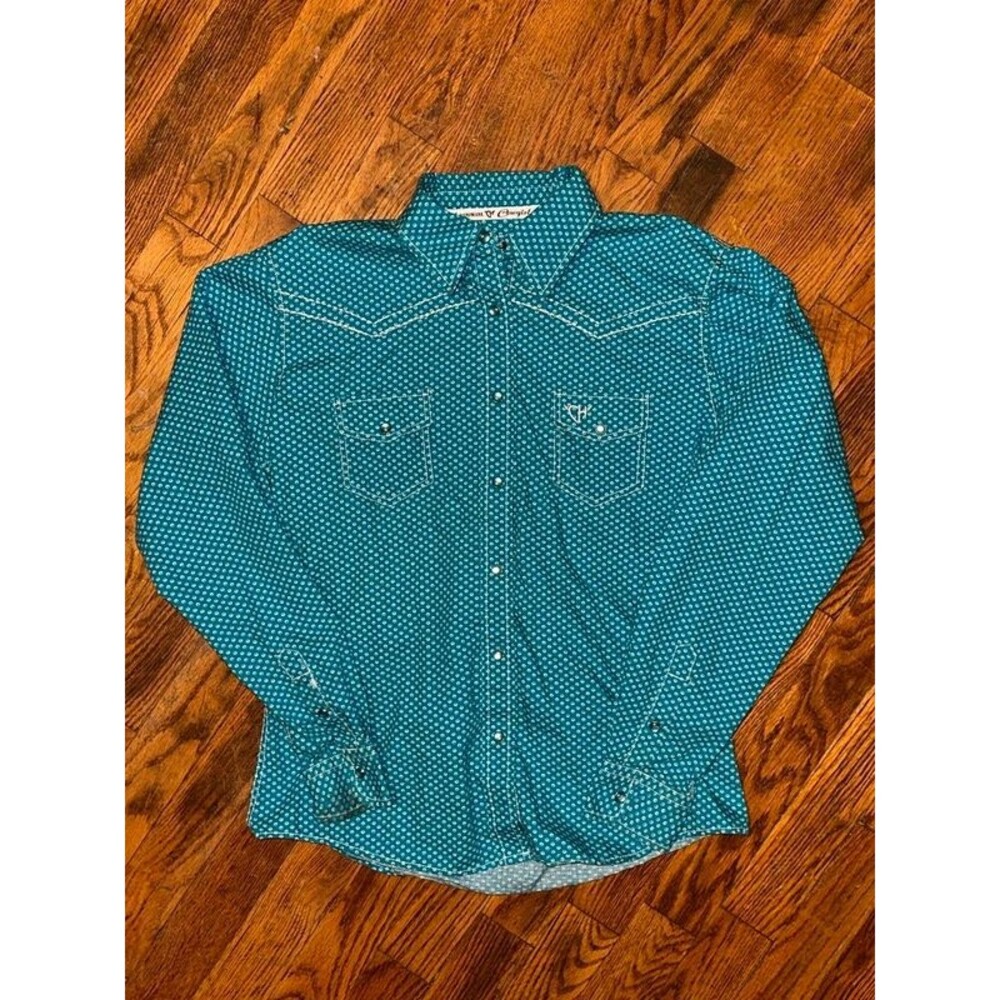 Girls Teal Blue Cowgirl Hardware Polka Dot Pearl Snap Shirt Size XL 14/16